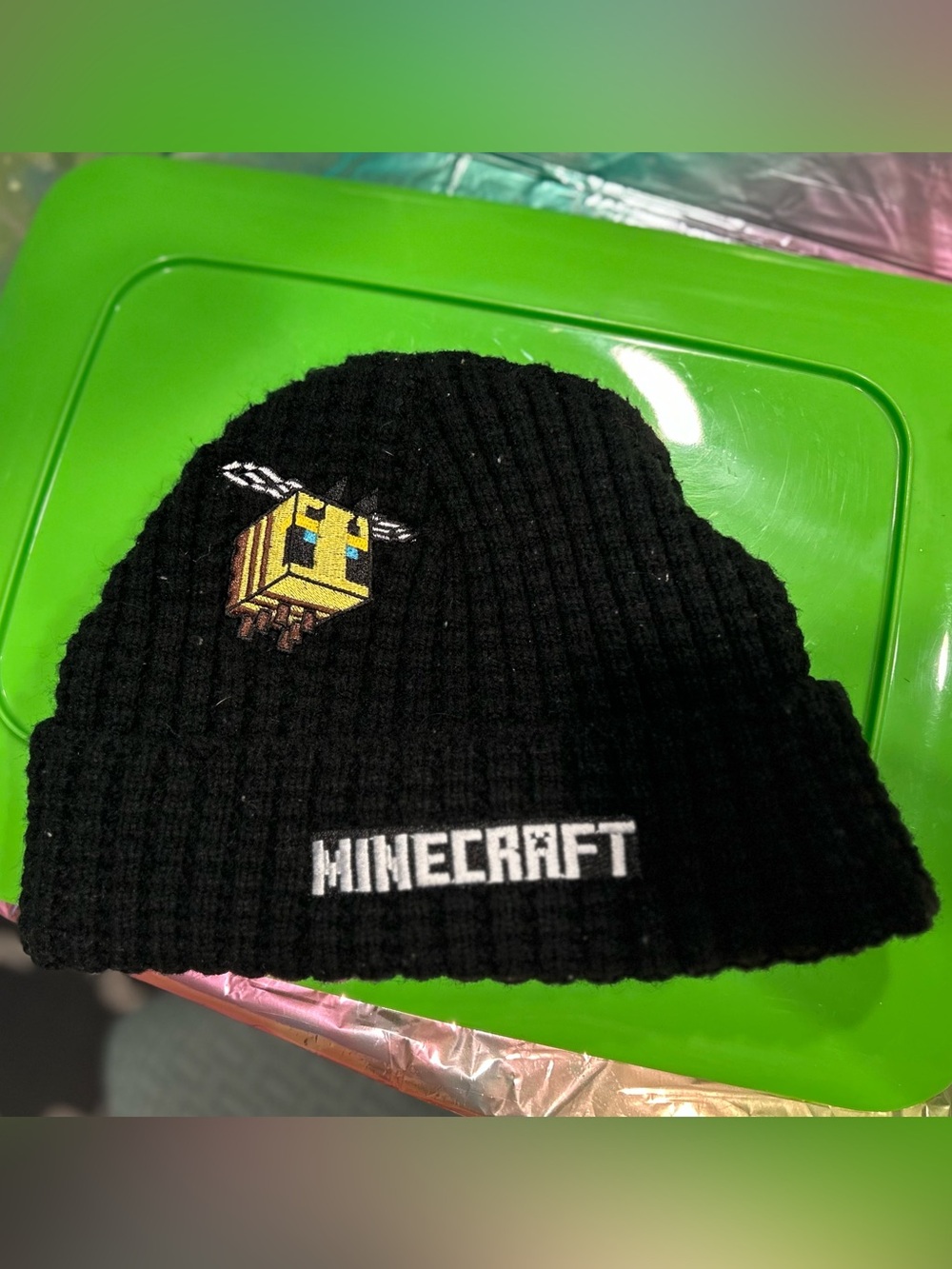 Minecraft Bee Black Knit Acrylic Lined Beanie Hat w/ Embroidered Logo